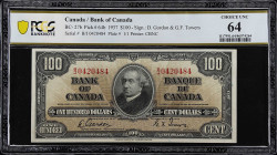 CANADA. Bank of Canada. 100 Dollars, 1937. BC-27b. PCGS Banknote Choice Uncirculated 64.
Plate 1/1. Printed by CBNC. Gordon-Towers. UNC.
PCGS Bankno...