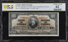 CANADA. Bank of Canada. 100 Dollars, 1937. BC-27b. PCGS Banknote Uncirculated 62.
Plate 1/2. Printed by CBNC. Gordon-Towers. UNC.
PCGS Banknote Unci...