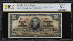 CANADA. Bank of Canada. 100 Dollars, 1937. BC-27b. PCGS Banknote About Uncirculated 53.
PCGS Banknote About Uncirculated 53.

Estimate: $200.00- $3...