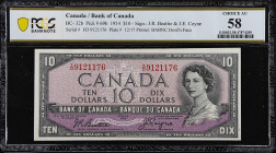 CANADA. Bank of Canada. 10 Dollars, 1954. P-BC-32b. PCGS Banknote Choice About Uncirculated 58.
Appealing Choice AU58 example with the popular Devil'...