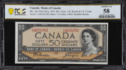 CANADA. Bank of Canada. 50 Dollars, 1954. P-BC-42a. PCGS Banknote Choice About Uncirculated 58.
A bright and attractive example of this popular $50 n...