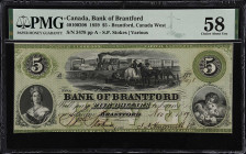 CANADA. Bank of Brantford. 5 Dollars, 1859. P-CH# 40-10-02-08. PMG Choice About Uncirculated 58.
Just a touch of circulation to report.

Estimate: ...