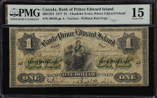 CANADA. Bank of Prince Edward Island. 1 Dollar, 1877. CH# 600-12-04. PMG Choice Fine 15.
Without red overprint.
PMG Choice Fine 15.

Estimate: $30...