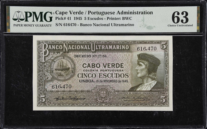 CAPE VERDE. Banco Nacional Ultramarino. 5 Escudos, 1945. P-41. PMG Choice Uncirc...