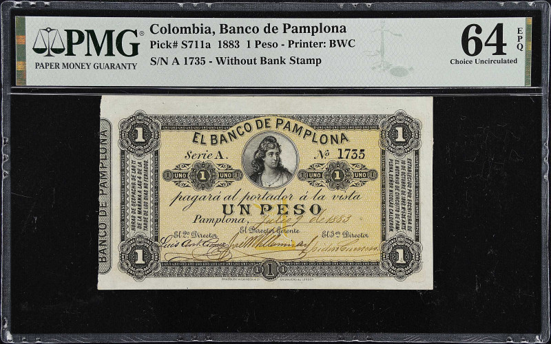 COLOMBIA. Banco de Pamplona. 1 Peso, 1883. P-S711a. PMG Choice Uncirculated 64 E...