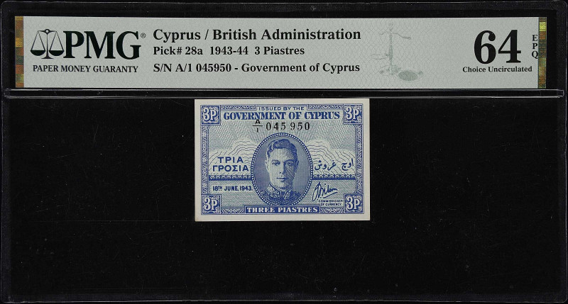 CYPRUS. Government of Cyprus. 3 Piastres, 1943. P-28a. PMG Choice Uncirculated 6...