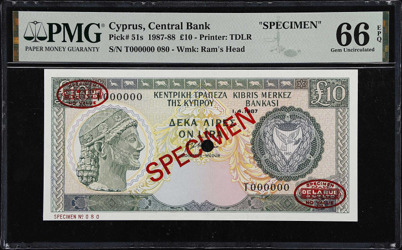 CYPRUS. Central Bank of Cyprus. 10 Pounds, 1987. P-51s. Specimen. PMG Gem Uncirc...