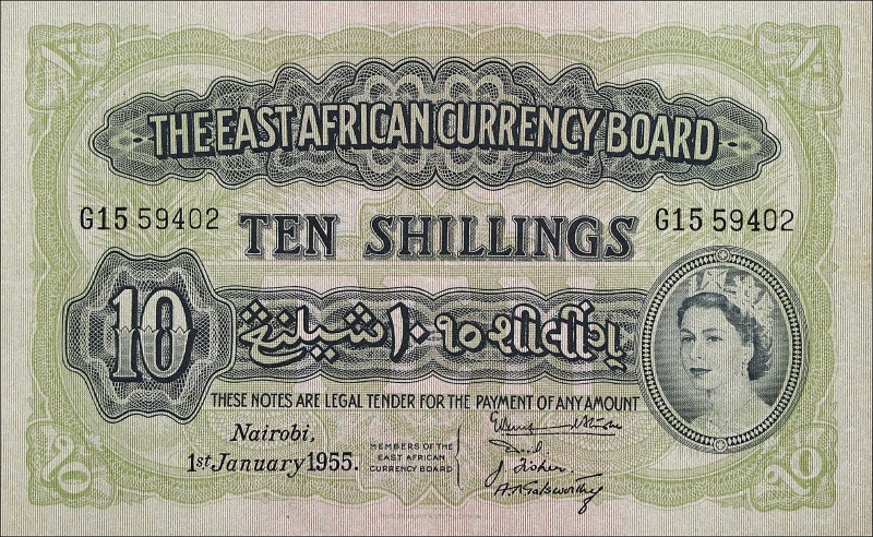 EAST AFRICA. East African Currency Board. 10 Shillings, 1955. P-34. Very Fine.
...