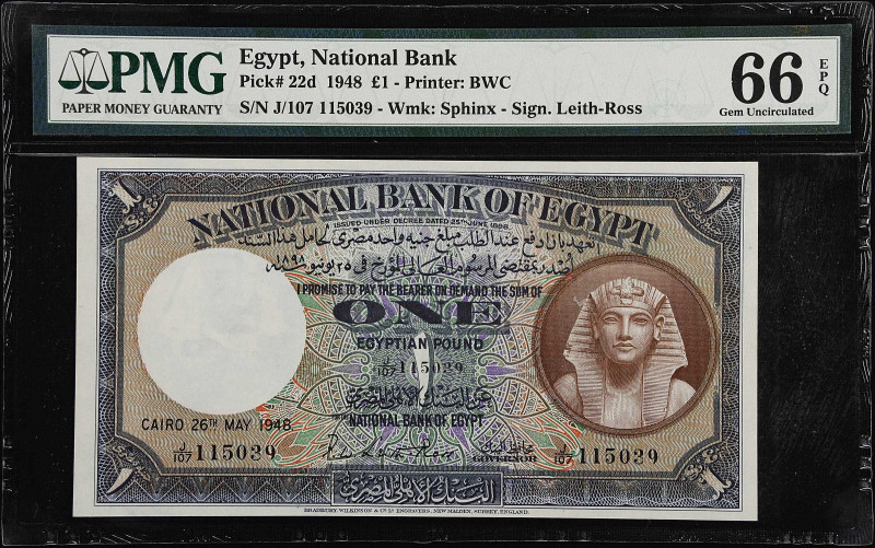 EGYPT. National Bank of Egypt. 1 Pound, 1948. P-22d. PMG Gem Uncirculated 66 EPQ...