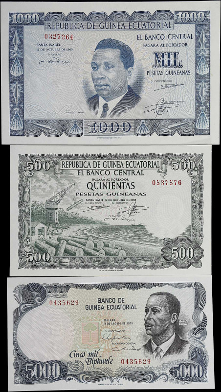 EQUATORIAL GUINEA. Lot of (3). Mixed Banks. 500, 1000 Pesetas Guineanas & 5000 B...