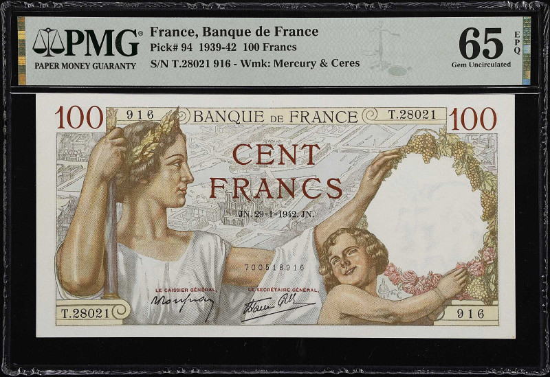 FRANCE. Lot of (3). Banque de France. 100, 500 & 1000 Francs, 1942-43. P-94, 95b...