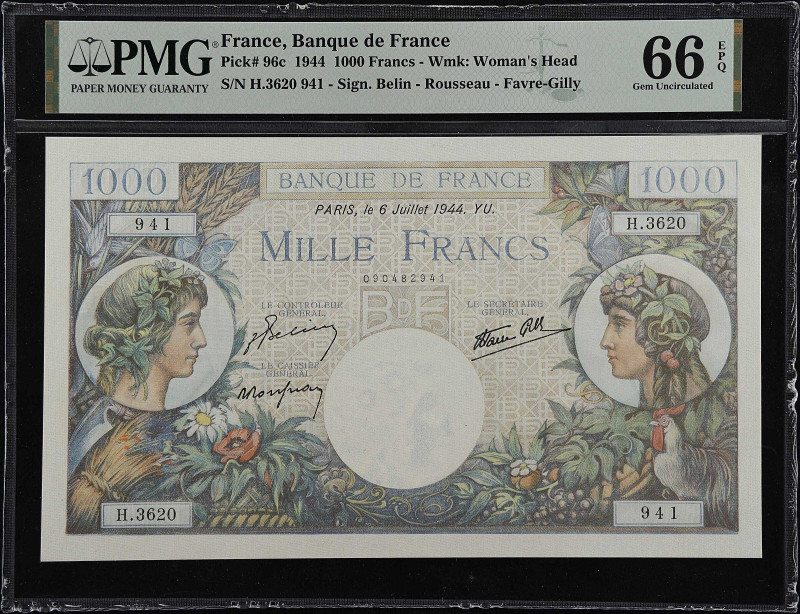 FRANCE. Banque de France. 1000 Francs, 1944. P-96c. PMG Gem Uncirculated 66 EPQ....