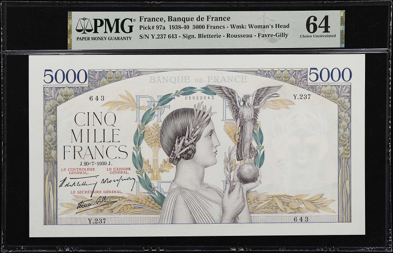 FRANCE. Banque de France. 5000 Francs, 1939. P-97a. PMG Choice Uncirculated 64....