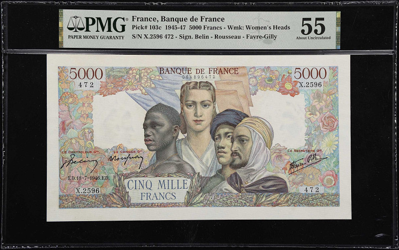 FRANCE. Lot of (2). Banque de France. 5000 Francs, 1946. P-103c. PMG About Uncir...