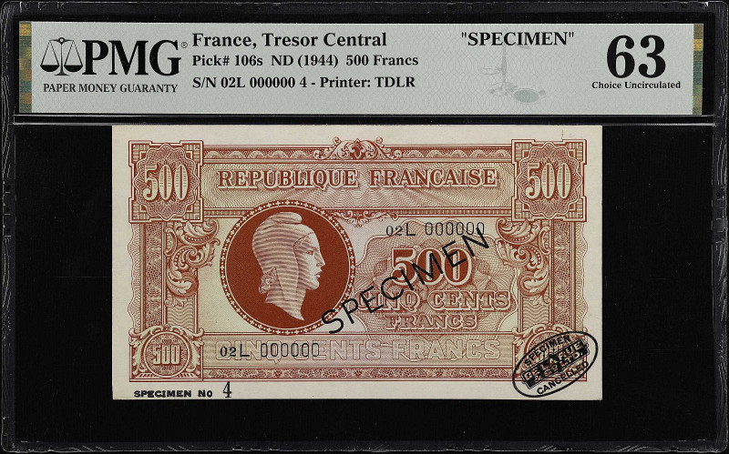 FRANCE. Republique Francaise Tresor Central. 500 Francs, ND (1944). P-106s. Spec...