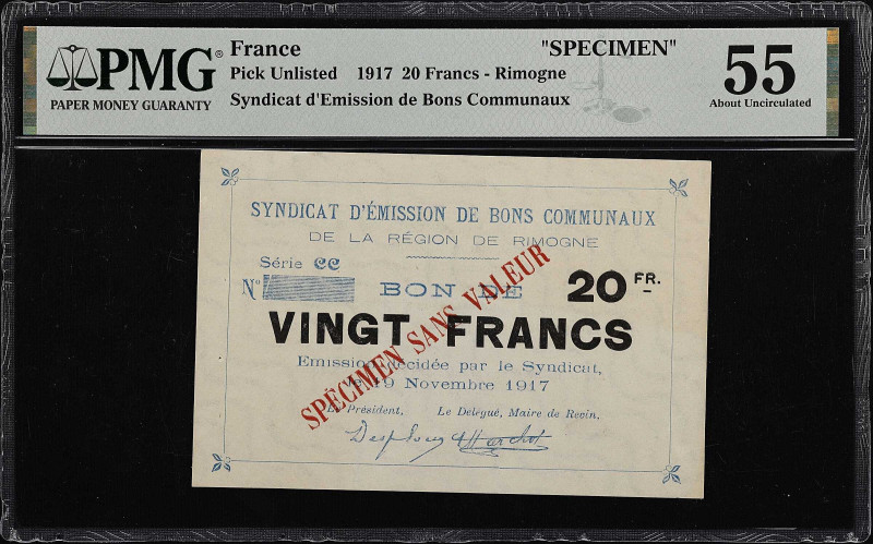 FRANCE. Syndicat d'Emission de Bons Communaux. 20 Francs, 1917. P-Unlisted. Spec...