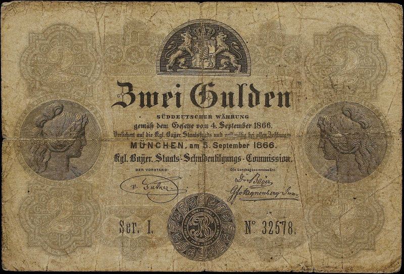 GERMANY. Royal Bavarian Debts Redemption Commission. 2 Gulden, 1866. P-S151. Fin...