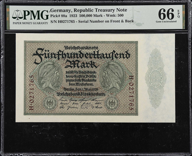 GERMANY. Reichsbank. 500,000 Mark, 1923. P-88a. PMG Gem Uncirculated 66 EPQ.

...