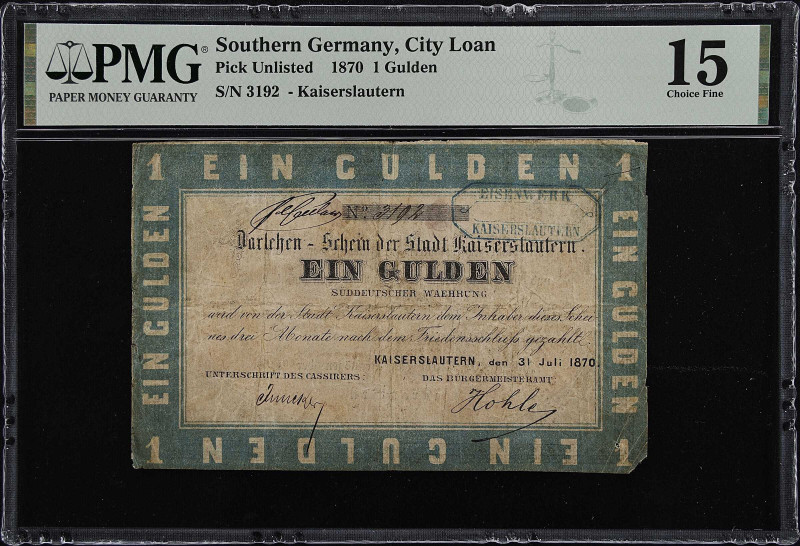 GERMANY. Kaiserslautern. 1 Gulden, 1870. P-Unlisted. PMG Choice Fine 15.

Esti...