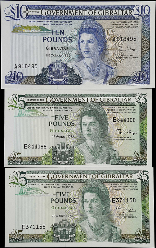 GIBRALTAR. Lot of (3). Government of Gibraltar. 5 & 10 Pounds, 1975-88. P-21a, 2...