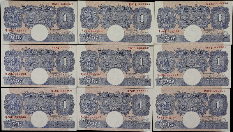 GREAT BRITAIN. Lot of (9). Bank of England. 1 Pound, ND (1940-1948). P-367a. Abo...