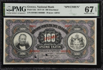 GREECE. Ethniki Trapeza tis Ellados. 100 Drachmai, 1917-18. P-55s. Specimen. PMG Superb Gem Uncirculated 67 EPQ.
Printed by ABNC. Specimen. A note th...