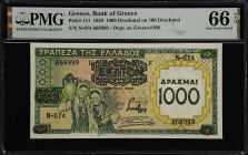 GREECE. Bank of Greece. 1000 Drachmai on 100 Drachmai, 1939. P-111. Rotator Serial Number. PMG Gem Uncirculated 66 EPQ.

Estimate: $150.00- $200.00