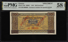 GREECE. Lot of (3). Trapeza tis Ellados. 100, 500,000,000 & 10,000,000,000 Drachmai, 1941-44. P-116s, 132bs & 134s. SB901, SB917, & SB919. Specimens. ...