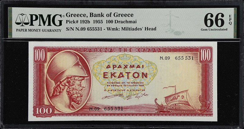 GREECE. Bank of Greece. 100 Drachmai, 1955. P-192b. PMG Gem Uncirculated 66 EPQ....