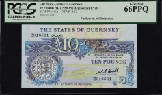 GUERNSEY. States of Guernsey. 10 Pounds, ND (1980-89). P-50r. Replacement. PCGS Currency Gem New 66 PPQ.
Ex: The Ruth W. Hill Collection.
PCGS Curre...