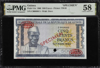 GUINEA. Banque Centrale de la Republique de Guinee. 500 Francs, 1960. P-14s. Specimen. PMG Choice About Uncirculated 58.
PMG Comments "Previously Mou...