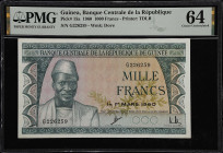 GUINEA. Banque Centrale de la Republique de Guinee. 1000 Francs, 1960. P-15a. PMG Choice Uncirculated 64.

Estimate: $100.00- $150.00