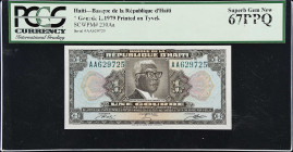 HAITI. Banque de la Republique d'Haiti. 1 Gourde, 1979. P-230Aa. Printed on Tyvek.. PCGS Currency Superb Gem Uncirculated 67 PPQ.
Sought after Tyvek ...