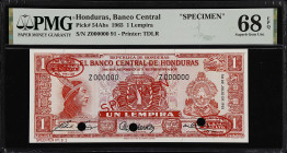 HONDURAS. Banco Central de Honduras. 1 Lempira, 1965. P-54Abs. Specimen. PMG Superb Gem Uncirculated 68 EPQ.

Estimate: $200.00- $300.00