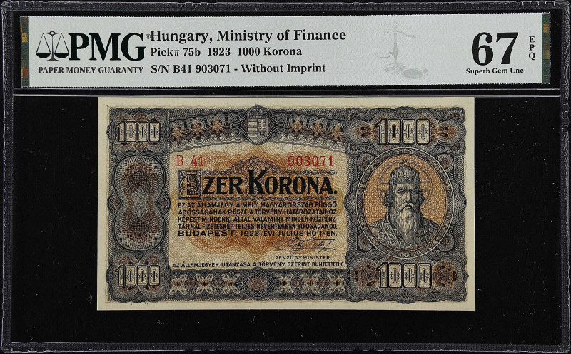 HUNGARY. Ministry of Finance. 1000 Korona, 1923. P-75b. PMG Superb Gem Uncircula...