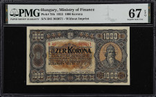 HUNGARY. Ministry of Finance. 1000 Korona, 1923. P-75b. PMG Superb Gem Uncirculated 67 EPQ.
A top pop high denomination without imprint for the Minis...