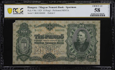 HUNGARY. Magyar Nemzeti Bank. 10 Pengo, 1929. P-96s. PCGS Banknote Choice About Uncirculated 58 Details. Corner Damage, Minor Mounting Remnants.
PCGS...