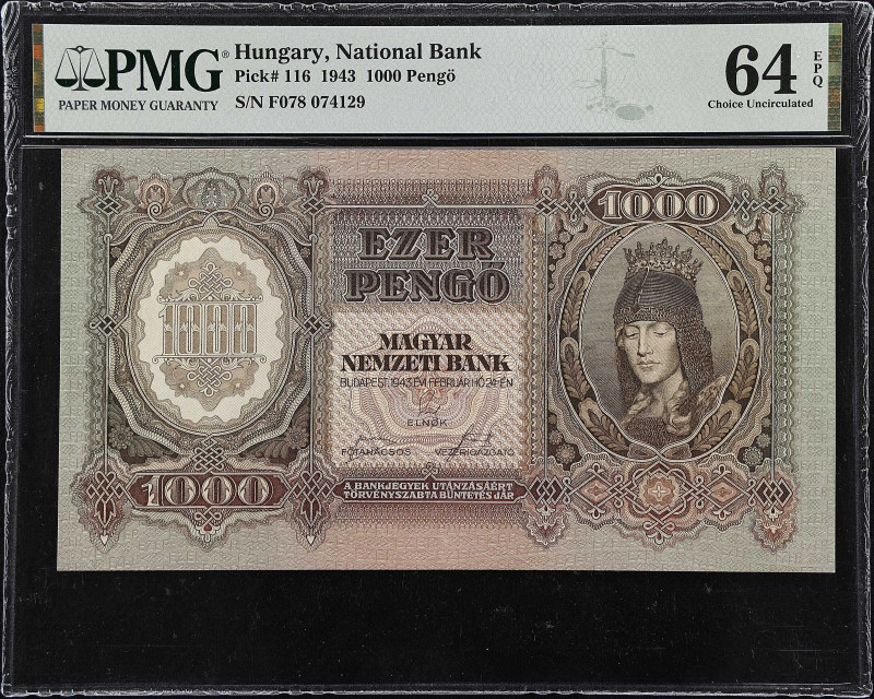 HUNGARY. Magyar Nemzeti Bank. 1000 Pengo, 1943. P-116. PMG Choice Uncirculated 6...