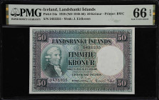 ICELAND. Landsbanki Islands. 50 Kronur, 1928 (ND 1948-56). P-34a. PMG Gem Uncirculated 66 EPQ.

Estimate: $200.00- $300.00