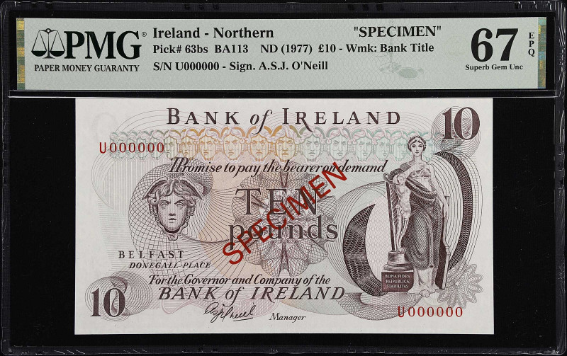 IRELAND, NORTHERN. Bank of Ireland. 10 Pounds, Nd (1977). P-63bs. BA113. Specime...