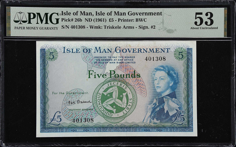 ISLE OF MAN. Isle of Man Government. 5 Pounds, ND (1961). P-26b. PMG About Uncir...