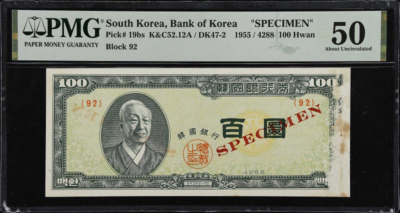 KOREA, SOUTH. Bank of Korea. 100 Hwan, 1955. P-19bs. K&C52.12A. Specimen. PMG Ab...