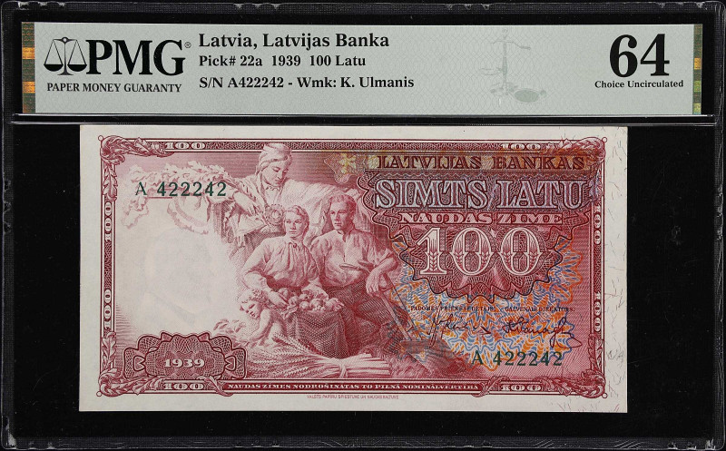 LATVIA. Latvijas Banka. 100 Latu, 1939. P-22a. PMG Choice Uncirculated 64.

Es...