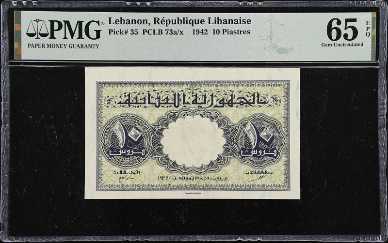 LEBANON. Republique Libanaise. 10 Piastres, 1942. P-35. PMG Gem Uncirculated 65 ...