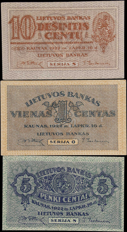 LITHUANIA. Lot of (3). Lietuvos Bankas. 1, 5 & 10 Centas, 1922. P-7a, 9a & 10a. ...