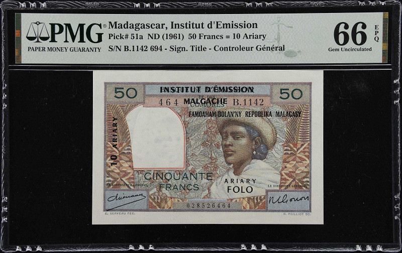 MADAGASCAR. Institut d'Emission Malgache. 50 Francs = 10 Ariary, ND (1961). P-51...