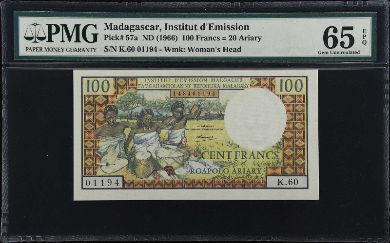 MADAGASCAR. Institut d'Emission Malgache. 100 Francs = 20 Ariary, ND (1966). P-5...