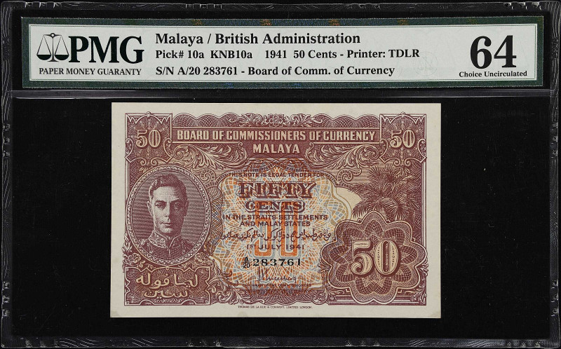 MALAYA. Board of Commissioners of Currency. 50 Cents, 1941. P-10a. PMG Choice Un...