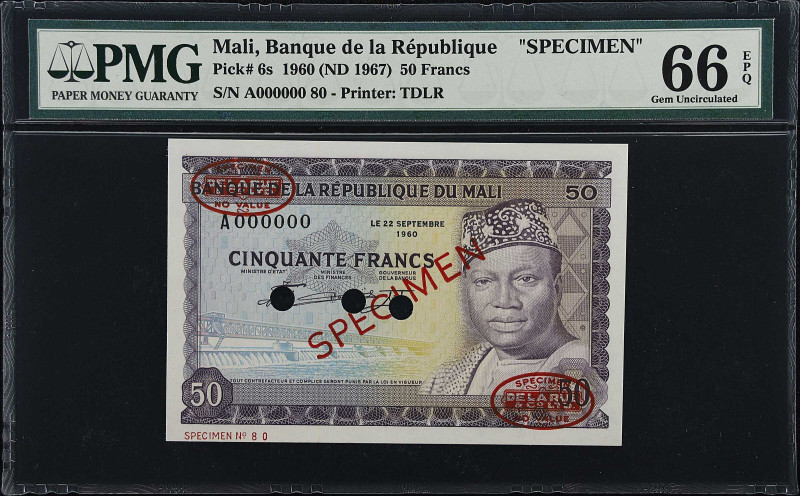 MALI. Banque de la Republique du Mali. 50 Francs, 1960 (ND 1967). P-6s. Specimen...