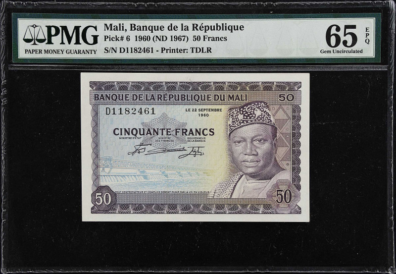 MALI. Banque de la Republique du Mali. 50 Francs, 1960 (ND 1967). P-6. PMG Gem U...